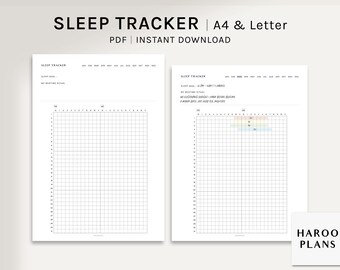 Pode incluir: Um rastreador de sono imprimível em formato PDF. O rastreador inclui uma grade para registrar as horas de sono e uma seção para anotar os rituais de hora de dormir. A segunda página inclui um gráfico codificado por cores para acompanhar a qualidade do sono.