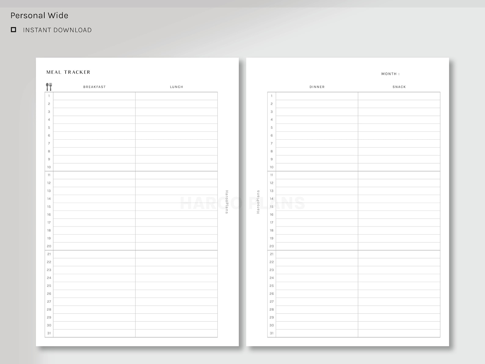 Monthly Meal Tracker | Personal Wide Printable Planner Inserts | Diet ...