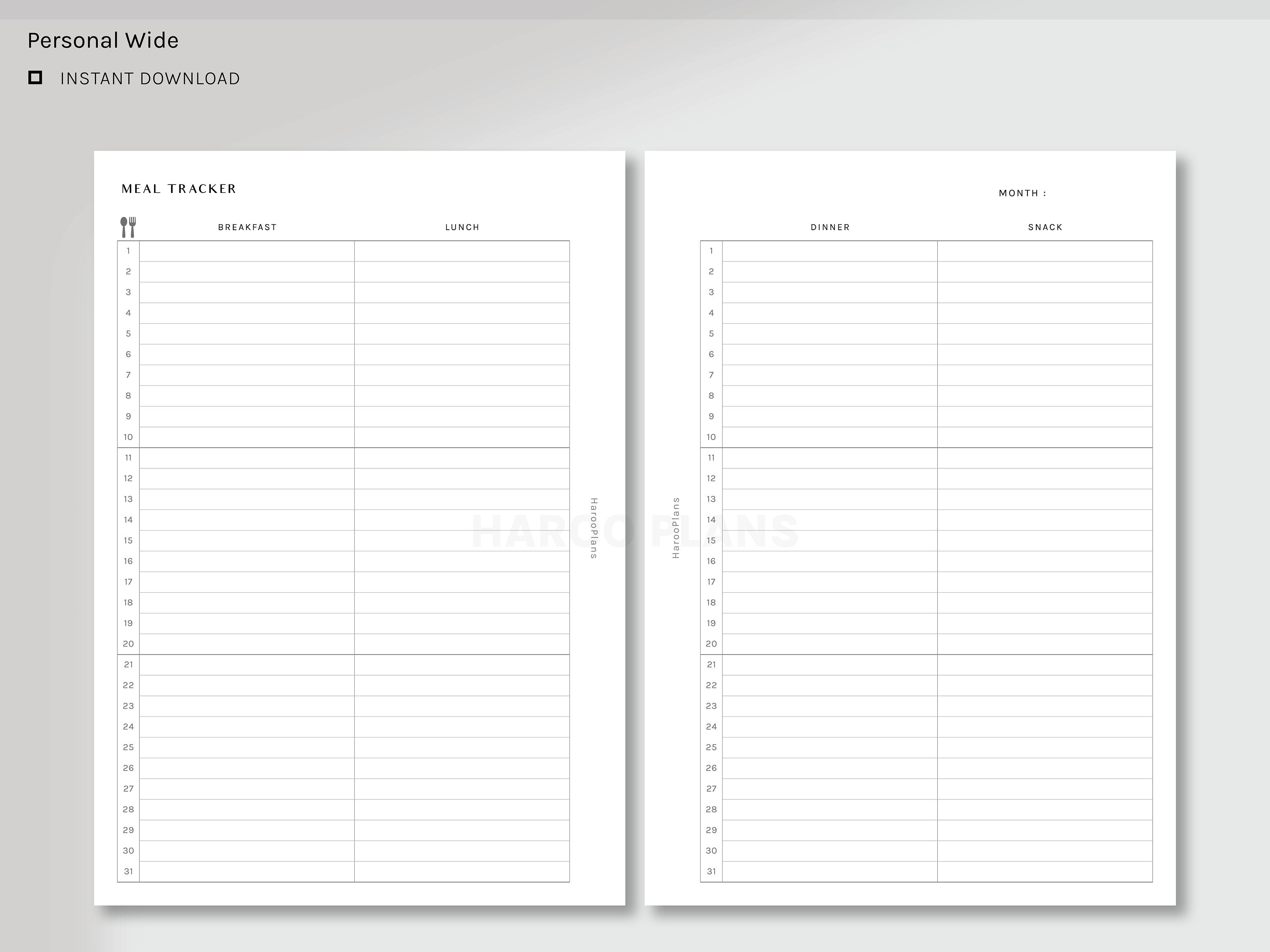 Monthly Meal Tracker | Personal Wide Printable Planner Inserts | Diet ...