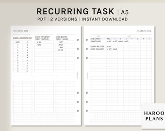 Recurring Task Log | A5 Printable Planner Inserts | Habit Chores Tracker Template | When Did I Last | Bullet Journal PDF | Digital Download