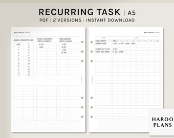 Journal des tâches récurrentes | Feuillets A5 pour agenda imprimable | de suivi des tâches ménagères | Quand ai-je passé la dernière fois | Bullet Journal PDF | Téléchargement numérique