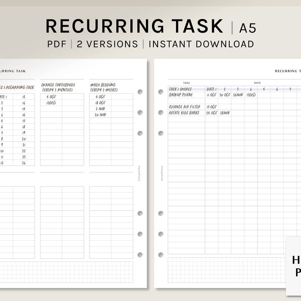 Recurring Task Log | A5 Printable Planner Inserts | Habit Chores Tracker Template | When Did I Last | Bullet Journal PDF | Digital Download