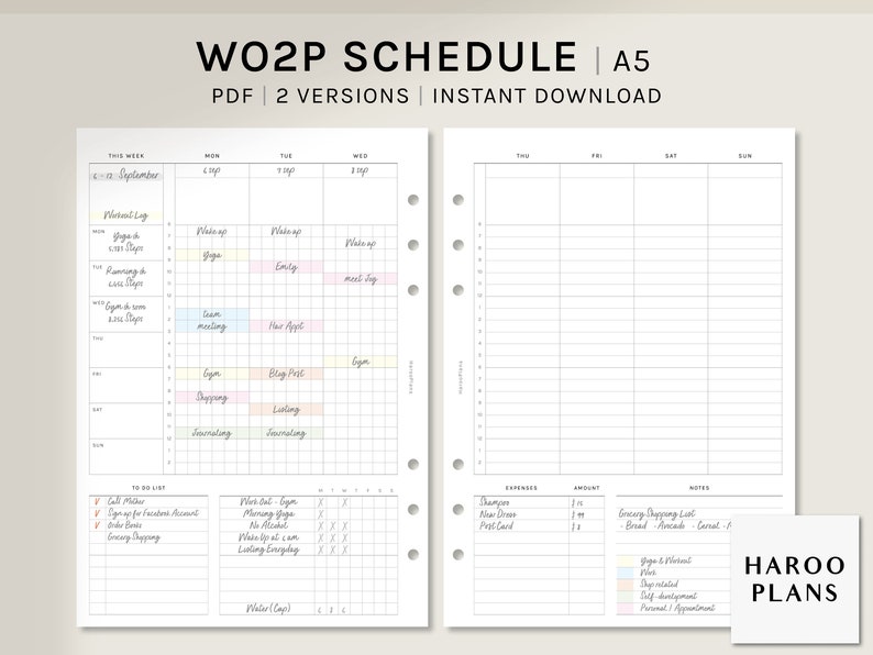 WO2P Schedule | A5 Printable Planner Inserts | Weekly Organizer ...