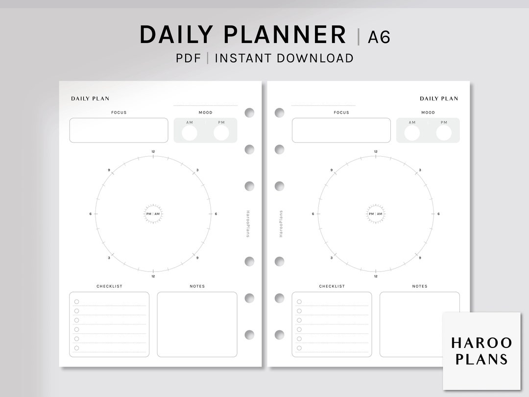 Daily Planner | A6 Printable Inserts | 24 Hours Schedule Template ...