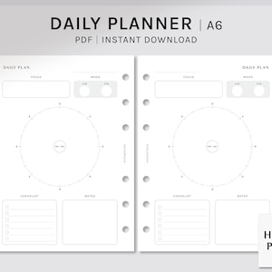 Dagelijkse Planner | A6 Afdrukbare inserts | 24 uur schema sjabloon | Circle Time Pie Chart Organizer | Klok Werkblad PDF | Digitale download