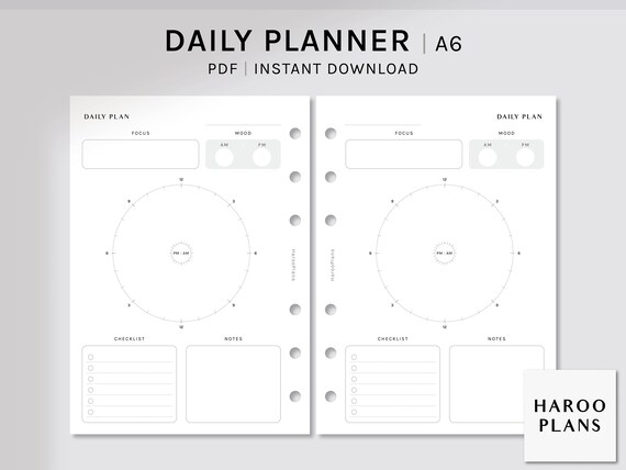 Daily Planner | A6 Printable Inserts | 24 Hours Schedule Template | Circle Time Pie Chart Organizer | Clock Worksheet PDF | Digital Download