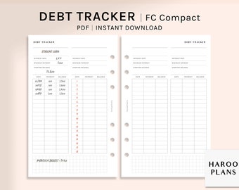 May include: A printable debt tracker planner with two columns for tracking debt payments. The planner includes sections for interest rate, minimum payment, starting balance, date, payment, and balance. The planner also includes a monthly budget section.