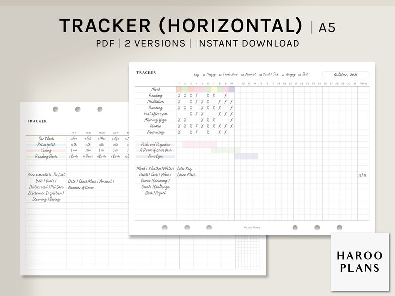 Monthly Tracker A5 Printable Planner Inserts Habit Bills Chores Task Log Template Horizontal Layout Worksheet PDF Digital Download image 1