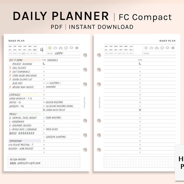 Daily Planner | FC Compact Size Printable Inserts | 24hours Schedule Template | Hourly Timetable | Simple Organizer PDF | Digital Download