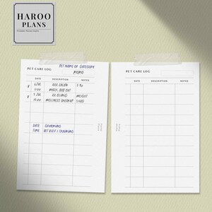 May include: Two printable pet care log pages with a black and white grid layout. The top page has a section for pet name or category, date, description, and notes. The bottom page has sections for date, time, grooming, vet visit, and training.