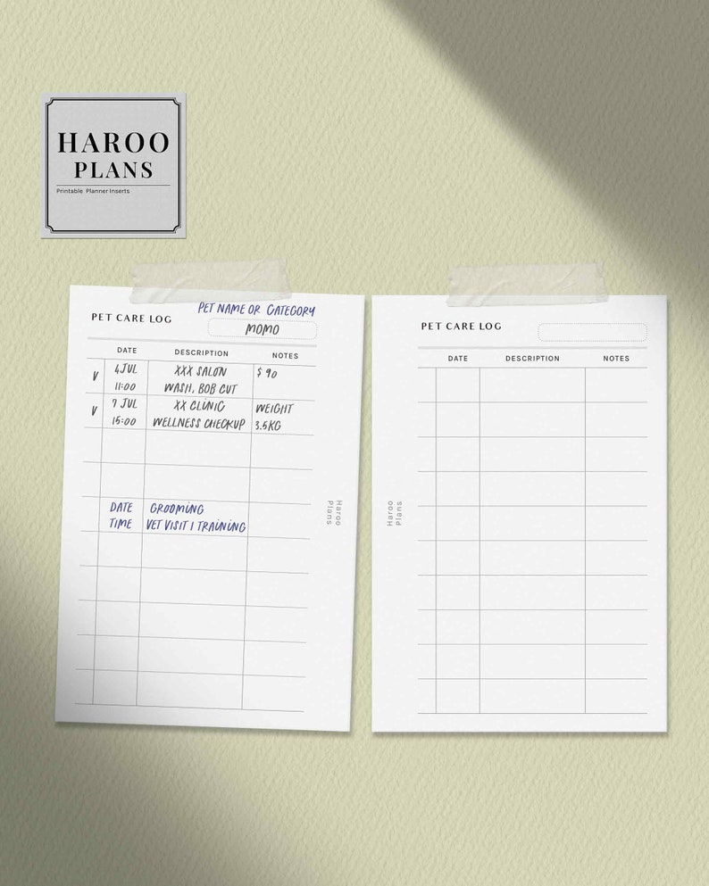 May include: Two printable pet care log pages with a black and white grid layout. The top page has a section for pet name or category, date, description, and notes. The bottom page has sections for date, time, grooming, vet visit, and training.