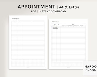 Appointment Tracker | A4, US Letter Printable Planner Inserts | Schedule Template | Appointment List PDF | Meeting Log | Digital Download