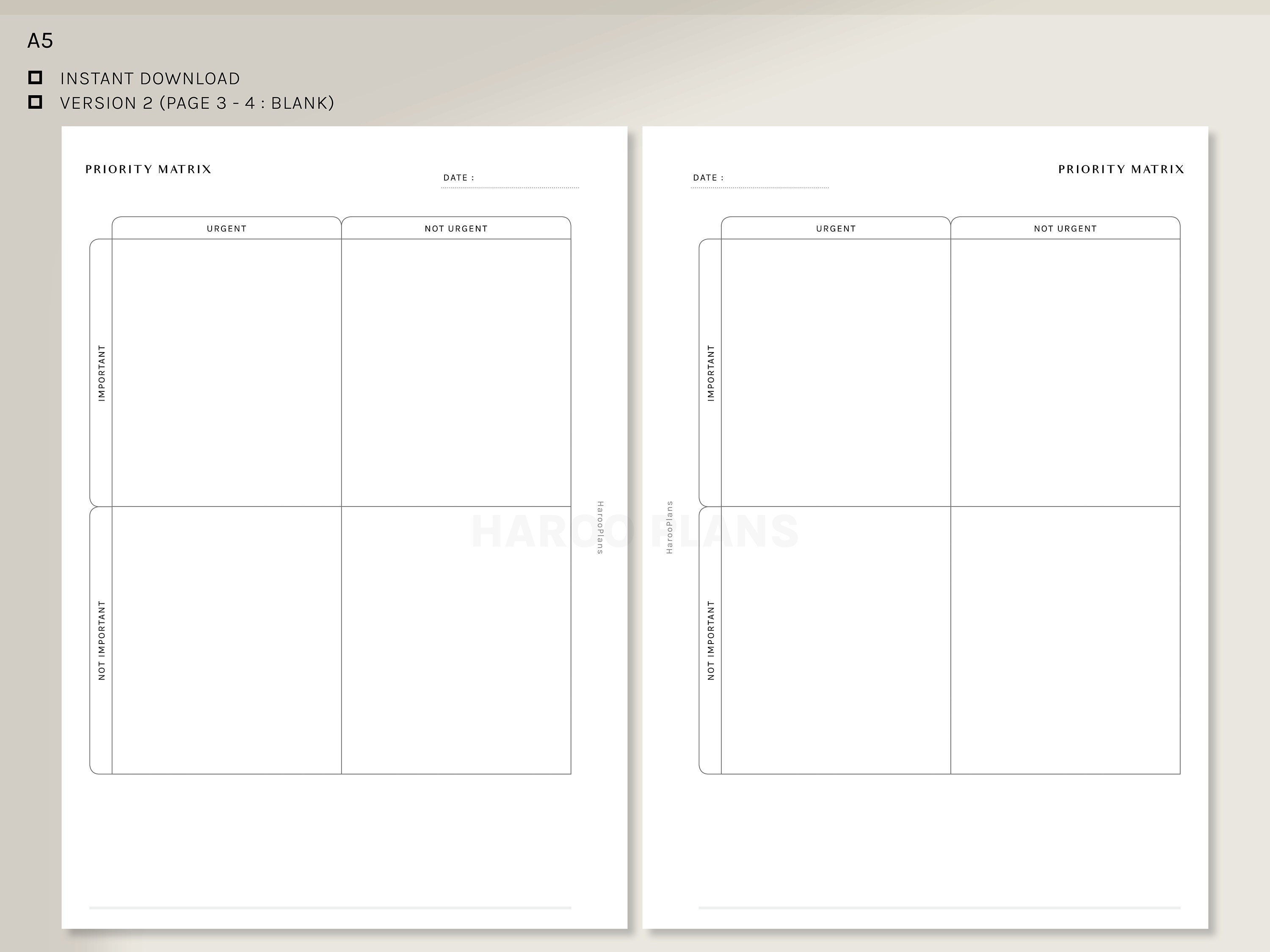 Priority Matrix A5 Printable Planner Inserts Urgent | Etsy