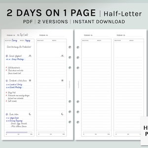 2 días en 1 página / Insertos de planificador imprimibles de anillo de media carta / Plantilla de programación diaria / Diseño alineado 2D1P PDF / Descarga digital