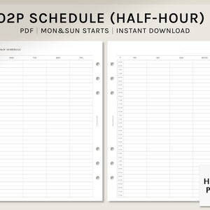 Può includere: Un planner settimanale A5 stampabile con slot temporali di mezz'ora. Il planner è progettato per settimane che iniziano il lunedì e la domenica. Il testo "WO2P SCHEDULE (HALF-HOUR) | A5 PDF | MON&SUN STARTS | INSTANT DOWNLOAD" è in cima alla pagina. Il testo "WEEKLY SCHEDULE" è in cima alla pagina di sinistra. Il testo "HAROO PLANS" è in fondo alla pagina di destra.