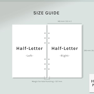 Op de afbeelding: Een maattabel voor Half-Letter notitieboekjes, die de afmetingen van het papier en de marge voor het ponsen laat zien. De tabel toont twee helften van een notitieboekje, gelabeld "Half-Letter - Links" en "Half-Letter - Rechts". De afmetingen zijn 140 mm (5,5 inch) breed en 216 mm (8,5 inch) hoog. De marge voor het ponsen is 12,7 mm.