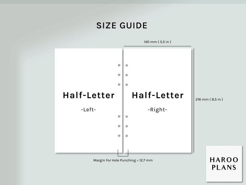Op de afbeelding: Een maattabel voor Half-Letter notitieboekjes, die de afmetingen van het papier en de marge voor het ponsen laat zien. De tabel toont twee helften van een notitieboekje, gelabeld "Half-Letter - Links" en "Half-Letter - Rechts". De afmetingen zijn 140 mm (5,5 inch) breed en 216 mm (8,5 inch) hoog. De marge voor het ponsen is 12,7 mm.