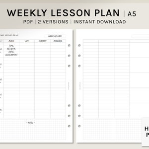 Planificador de lecciones semanal / Plantillas imprimibles A5 / Plantilla sencilla de horario de educación en casa / Hoja de trabajo de planificación docente en PDF / Descarga digital