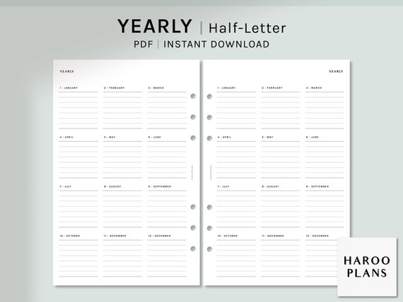 Yearly Planner Half-letter Planner Printable Inserts Blank | Etsy