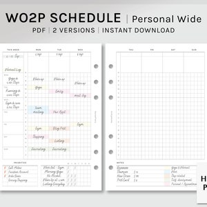 WO2P Schedule | Personal Wide Printable Planner Inserts | Weekly Time Block Organizer Template | Planning Worksheet PDF | Digital Download