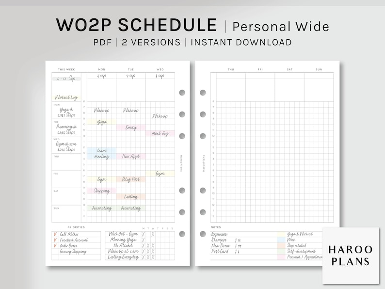 WO2P Schedule | Personal Wide Printable Planner Inserts | Weekly Time ...