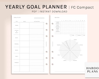 May include: A black and white printable yearly goal planner for a compact Filofax. The planner includes sections for goal setting, action steps, and review. It also includes a wheel for tracking progress in different areas of life.