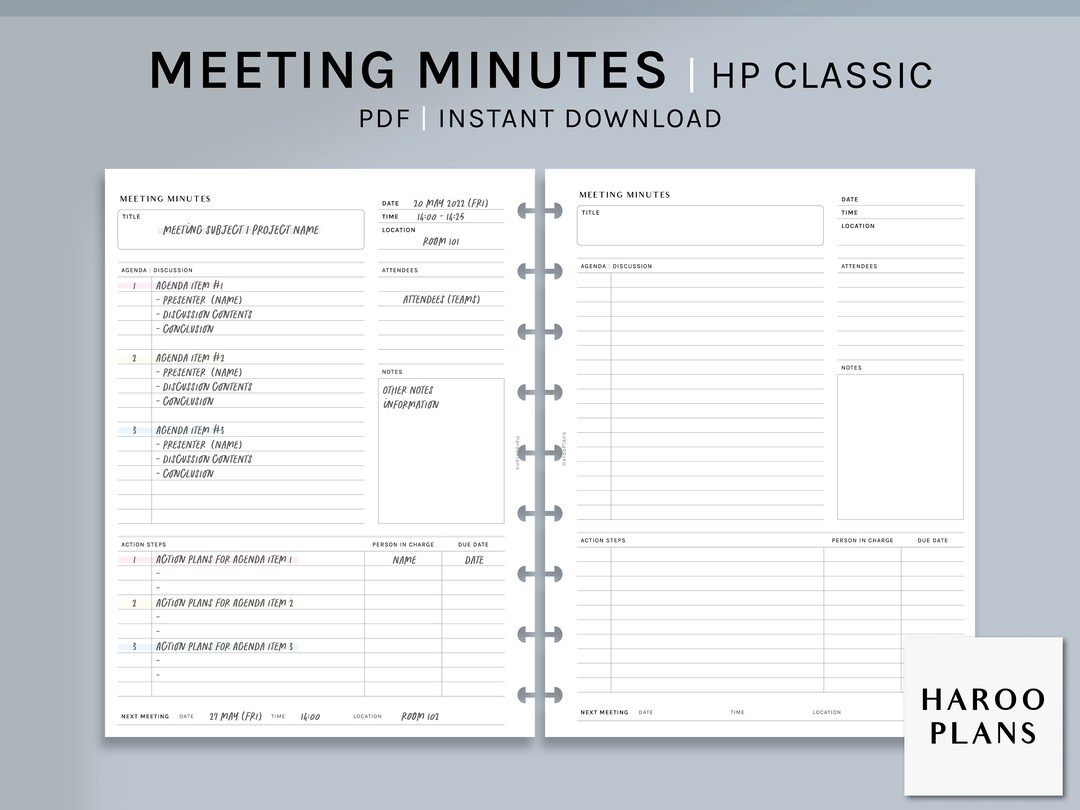 Meeting Minutes | HP Classic Printable Happy Planner Inserts | Project ...