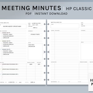 May include: A printable PDF template for meeting minutes in a classic HP planner style. The template includes sections for the meeting subject, agenda items, attendees, action steps, and next meeting details.