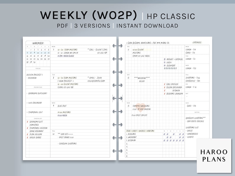 Undated Weekly | HP Classic Printable Happy Planner Inserts | WO2P ...