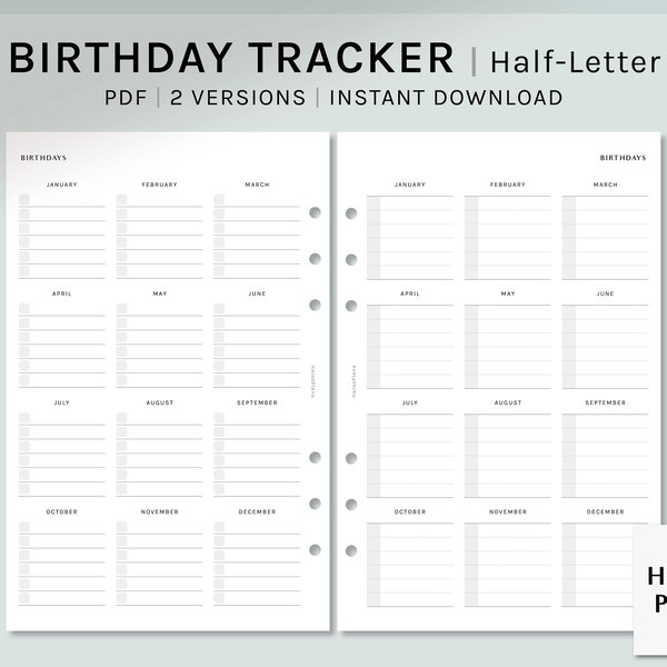 Birthday Tracker | Half-Letter Ring | Printable Planner Inserts | 2 Versions | Birthday List Calendar Sheet | Digital Download