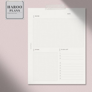 May include: A printable planner insert with a gridded section labeled "Maybe", a gridded section labeled "Other", and a to-do list section with space for three items and a checklist. The planner insert is labeled "HAROO PLANS" and "Printable Planner Inserts".