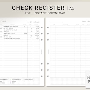 Controleer Register | A5 Afdrukbare Planner Inserts | Checkbook Ledger Template | Transactie Tracker | Financiële organizer PDF-| Digitale download
