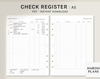 Check Register | A5 Printable Planner Inserts | Checkbook Ledger Template | Transaction Tracker | Finance Organizer PDF | Digital Download