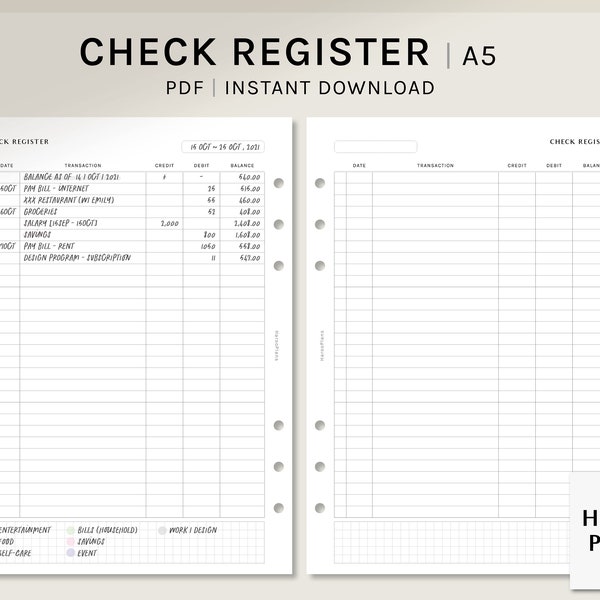 Check Register | A5 Printable Planner Inserts | Checkbook Ledger Template | Transaction Tracker | Finance Organizer PDF | Digital Download