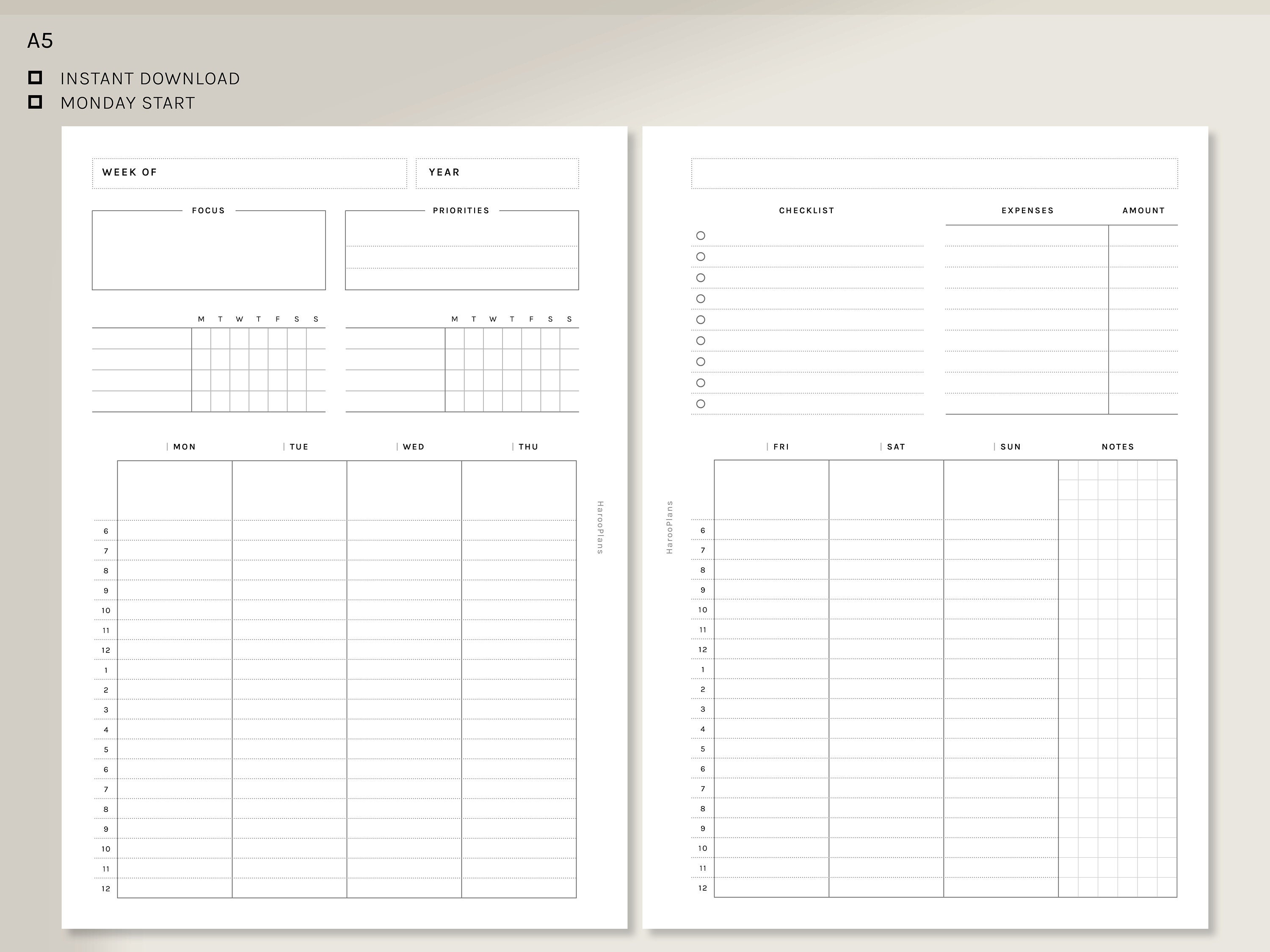 Week at a Glance | A5 Ring Printable Planner Inserts | Weekly Planner ...