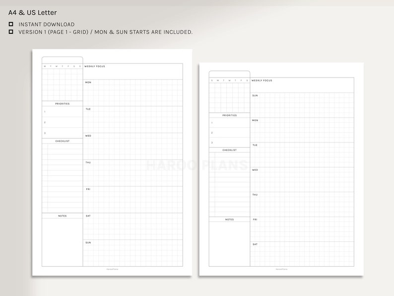 Undated Weekly Planner A4, US Letter Printable Planner Inserts Weekly Schedule Template Organizer with Calendar PDF Digital Download image 2