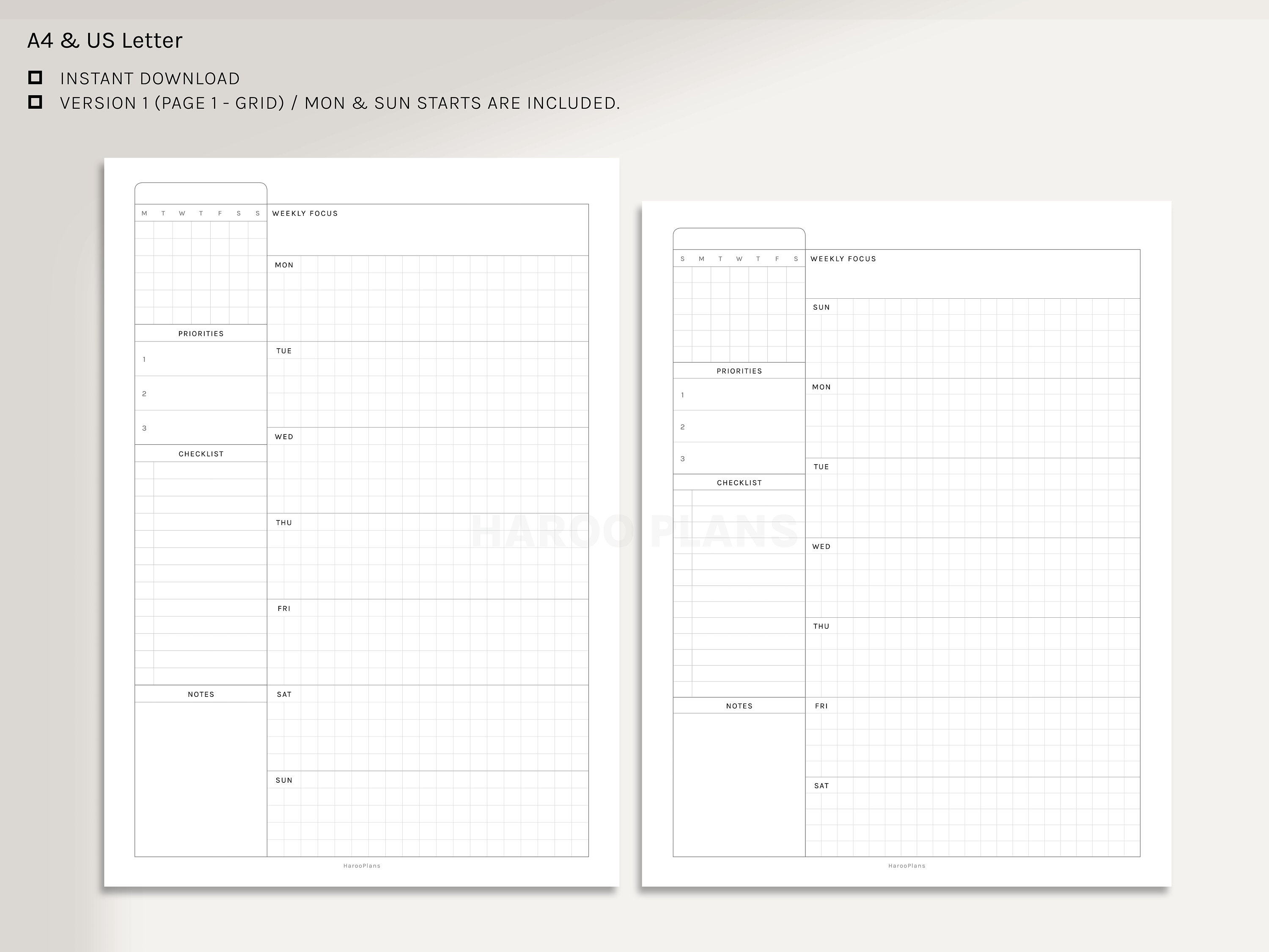 Undated Weekly Planner | A4, US Letter Printable Planner Inserts ...