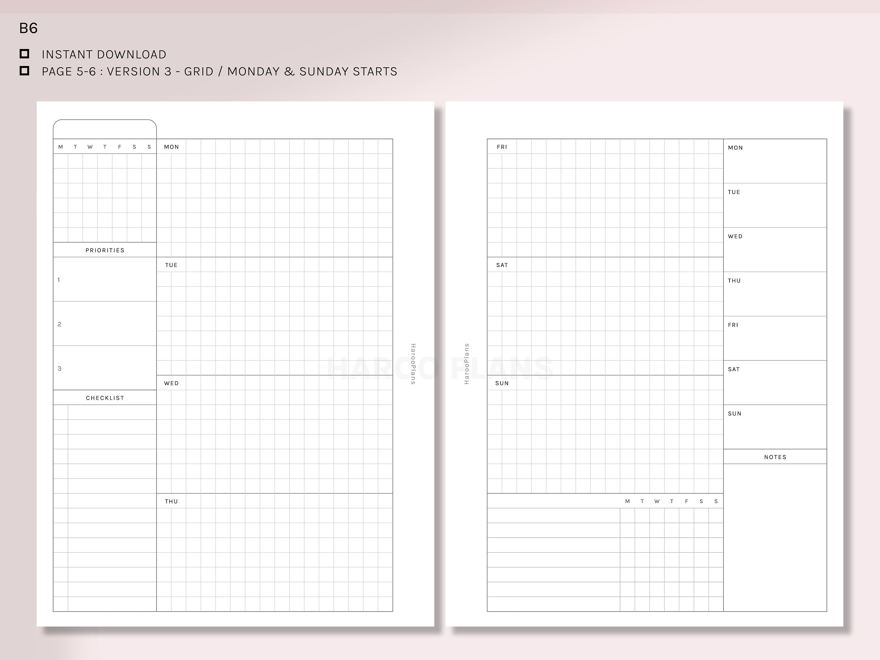 Undated Weekly | B6 Rings Printable Planner Inserts | WO2P Schedule ...