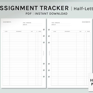 Könnte beinhalten: Ein druckbarer Aufgabenplaner mit zwei Spalten zum Auflisten von Klassen, Aufgaben, Fälligkeitsterminen, Abschlussstatus und Noten. Der Planer ist für Papier im Format Half-Letter ausgelegt und enthält oben den Text "ASSIGNMENT TRACKER | Half-Letter PDF | INSTANT DOWNLOAD".