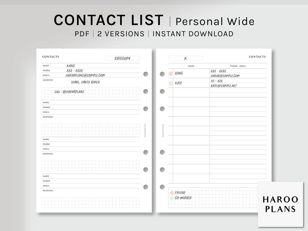 Contact List | Personal Wide Printable Planner Inserts | Phone Number Email List Template PDF ...