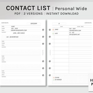 May include: A printable contact list template for a personal wide planner. The template has two pages, one with a category column and the other with a column for friend or coworker. The template includes space for name, phone number, email, and address.