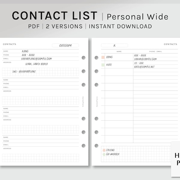 Contact List | Personal Wide Printable Planner Inserts | Phone Number Email List Template PDF | Simple Address Book Sheet | Digital Download