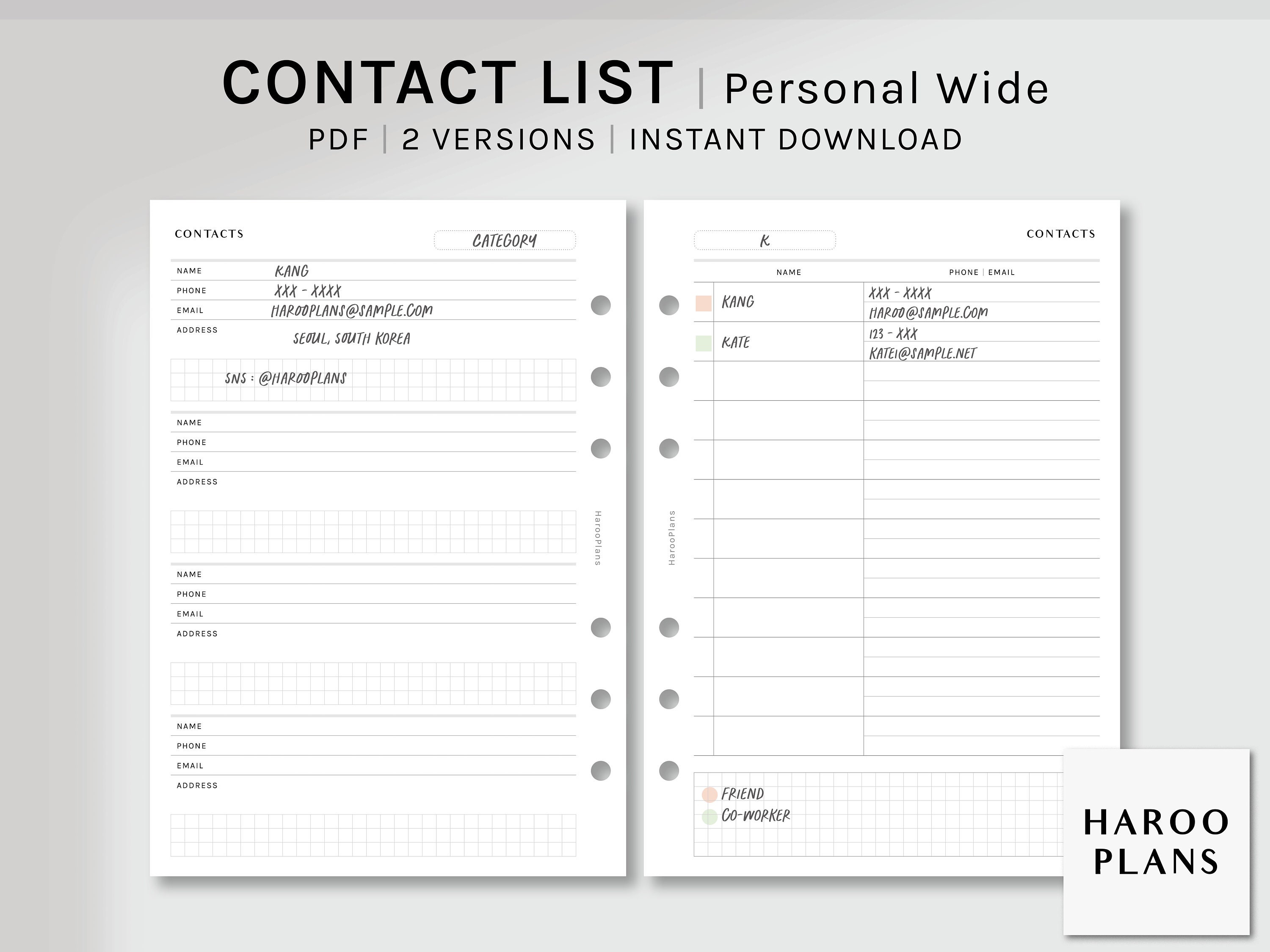 Contact List Personal Wide Printable Planner Inserts Phone - Etsy
