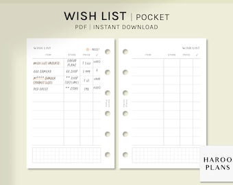 Wish List | Pocket Printable Planner Inserts | Wishlist Template | Shopping Tracker Sheet | Things To Buy Worksheet PDF | Digital Download