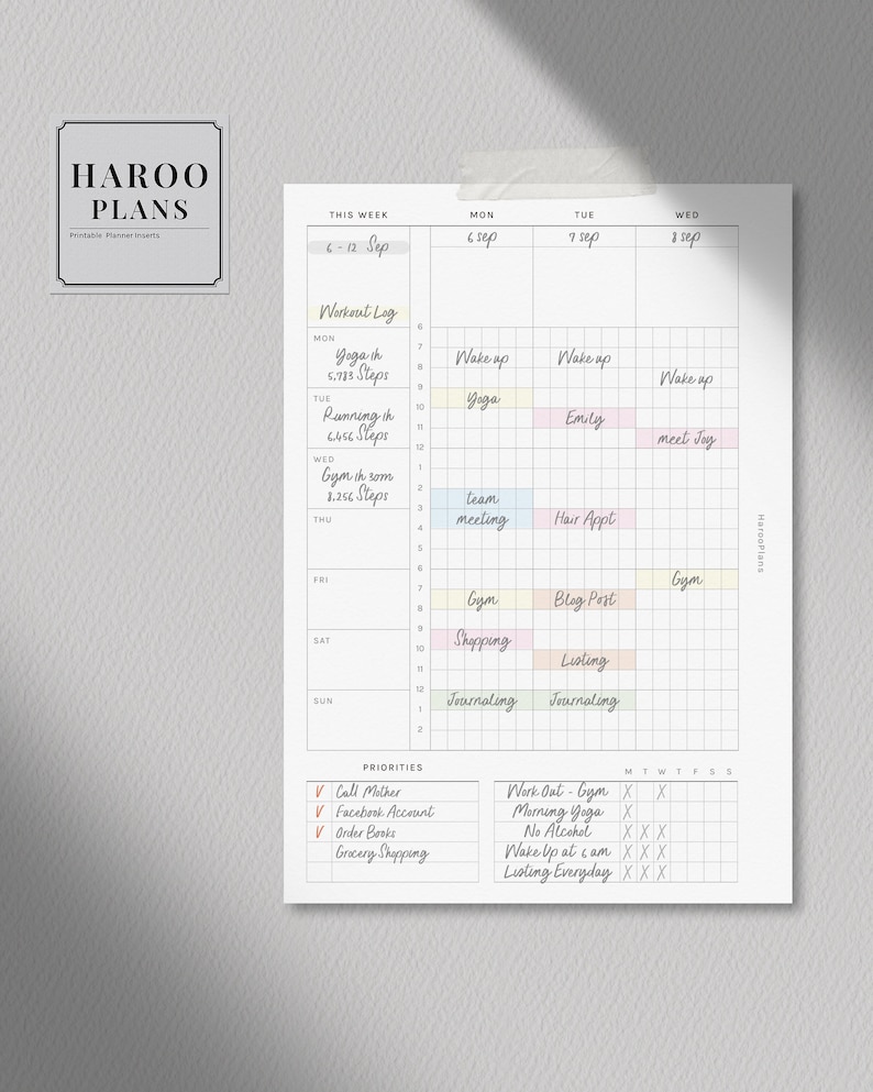 WO2P Schedule | Personal Wide Printable Planner Inserts | Weekly Time ...
