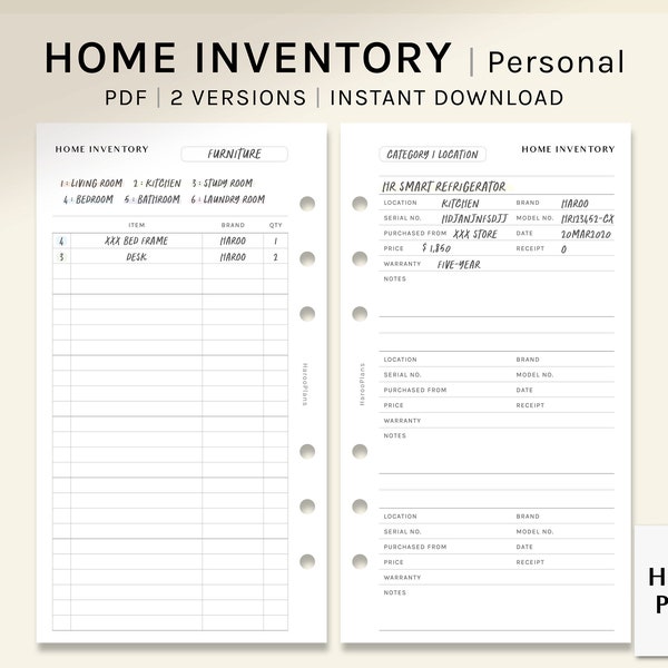 Home Inventory | Personal Size Printable Planner Inserts | Household Supplies Tracker Template | Items List Worksheet PDF | Digital Download