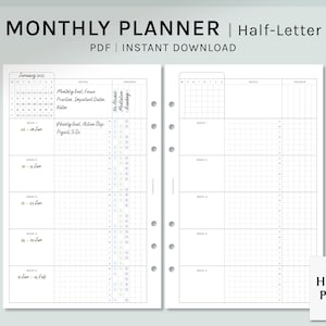 Pianificatore mensile / Inserti stampabili a mezza lettera / Modello di organizzatore di lavoro / Pagina di pianificazione degli obiettivi di 5 settimane / Task Tracker PDF / Download digitale