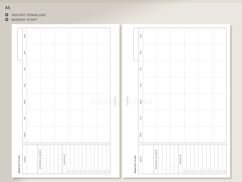 May include: A printable A5 monthly planner with a grid layout for daily scheduling. The planner includes sections for goals, birthdays and events, and a checklist.