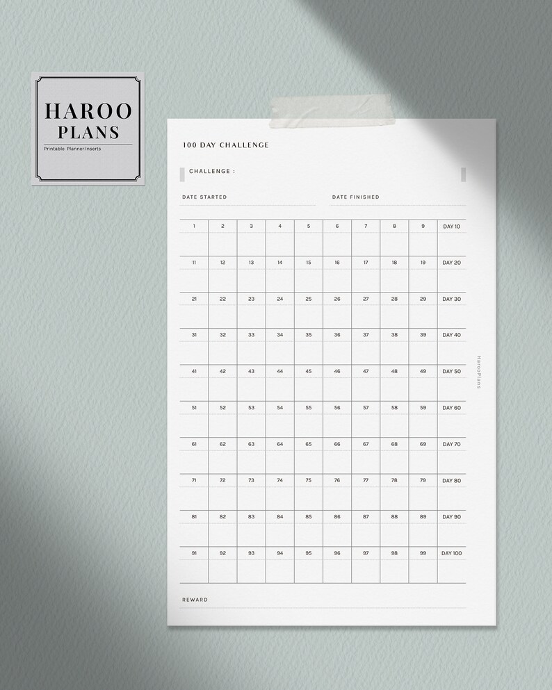 May include: A printable 100-day challenge tracker with a grid of 100 squares. The tracker is designed to help you track your progress on a goal over 100 days. It includes spaces for the challenge name, start date, and end date.