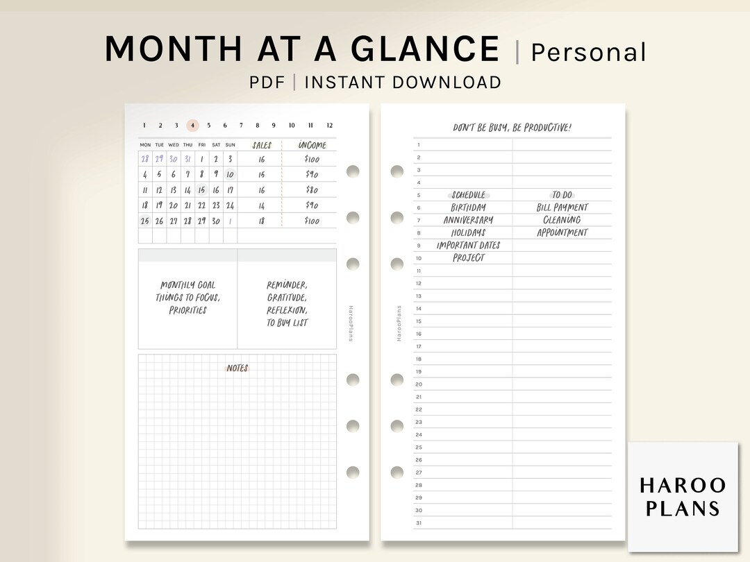 Month at a Glance | Personal Size Printable Planner Inserts | Undated ...